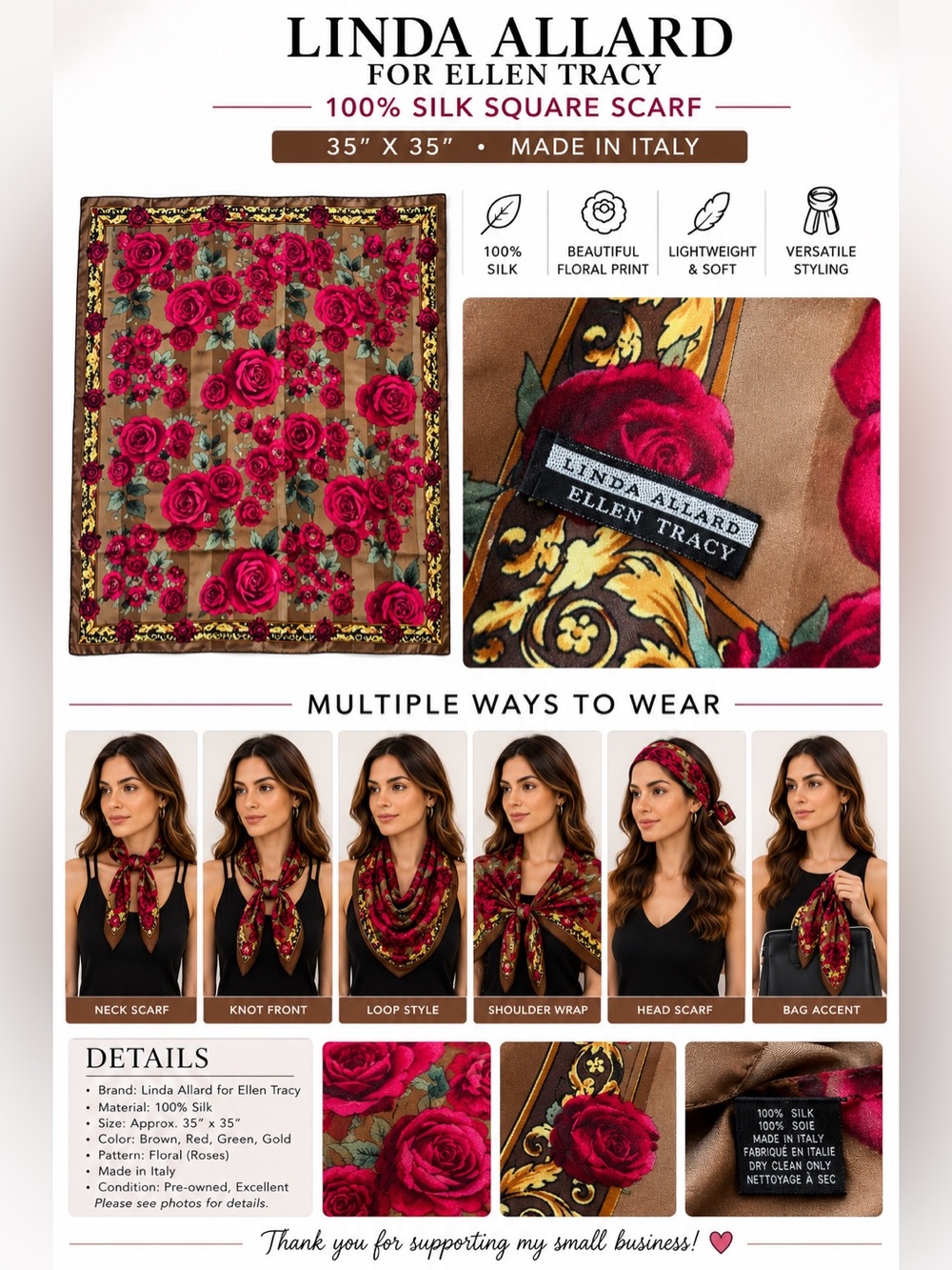 Linda Allard for Ellen Tracy 100% Silk Square Scarf Red Rose Floral Brown 35"